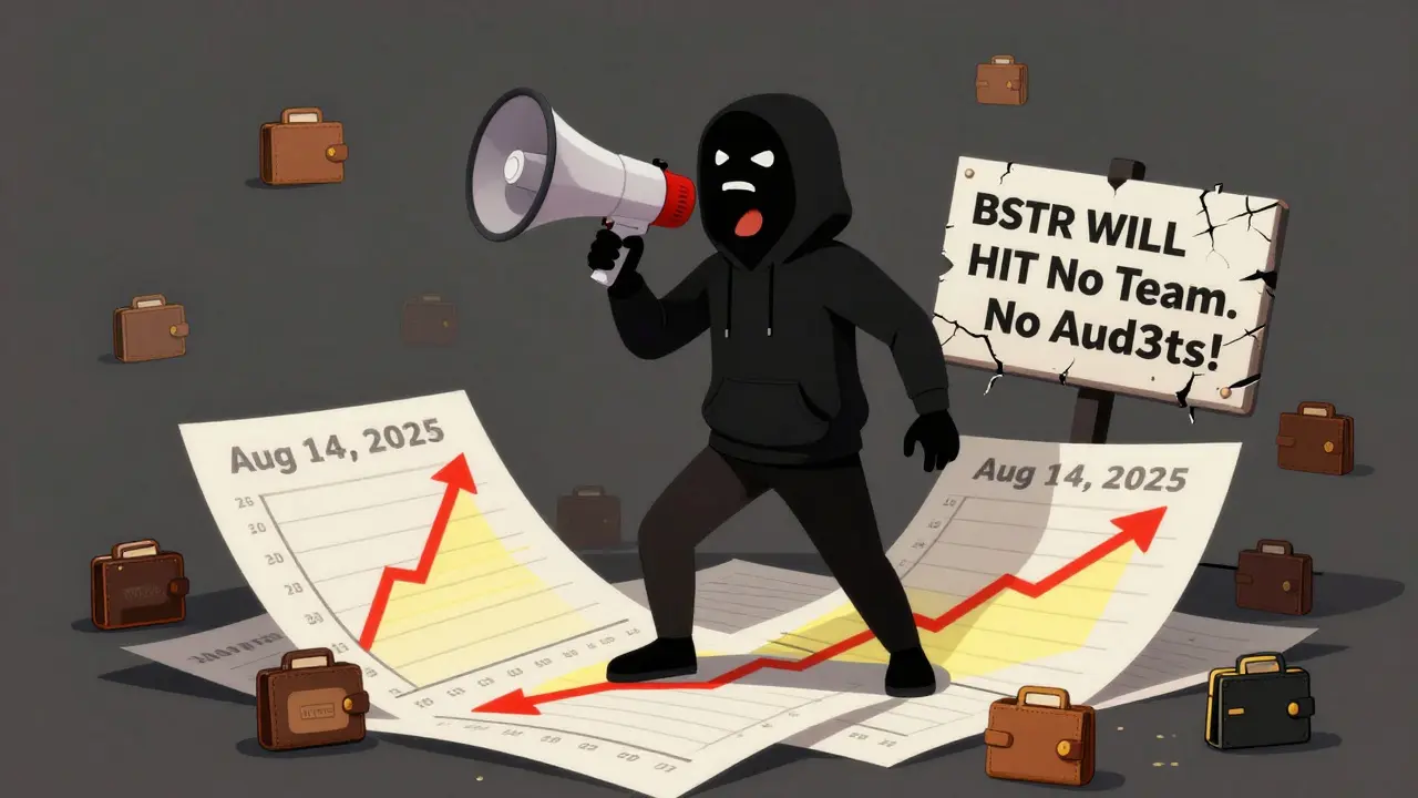 A shadowy figure shouts fake price predictions over piles of fraudulent charts and empty wallets.