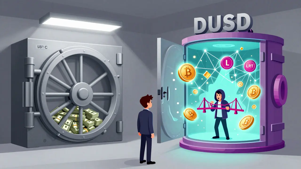 A split illustration comparing a sterile USDC bank vault to a dynamic DUSD crypto vault with glowing tokens and a bridge icon.