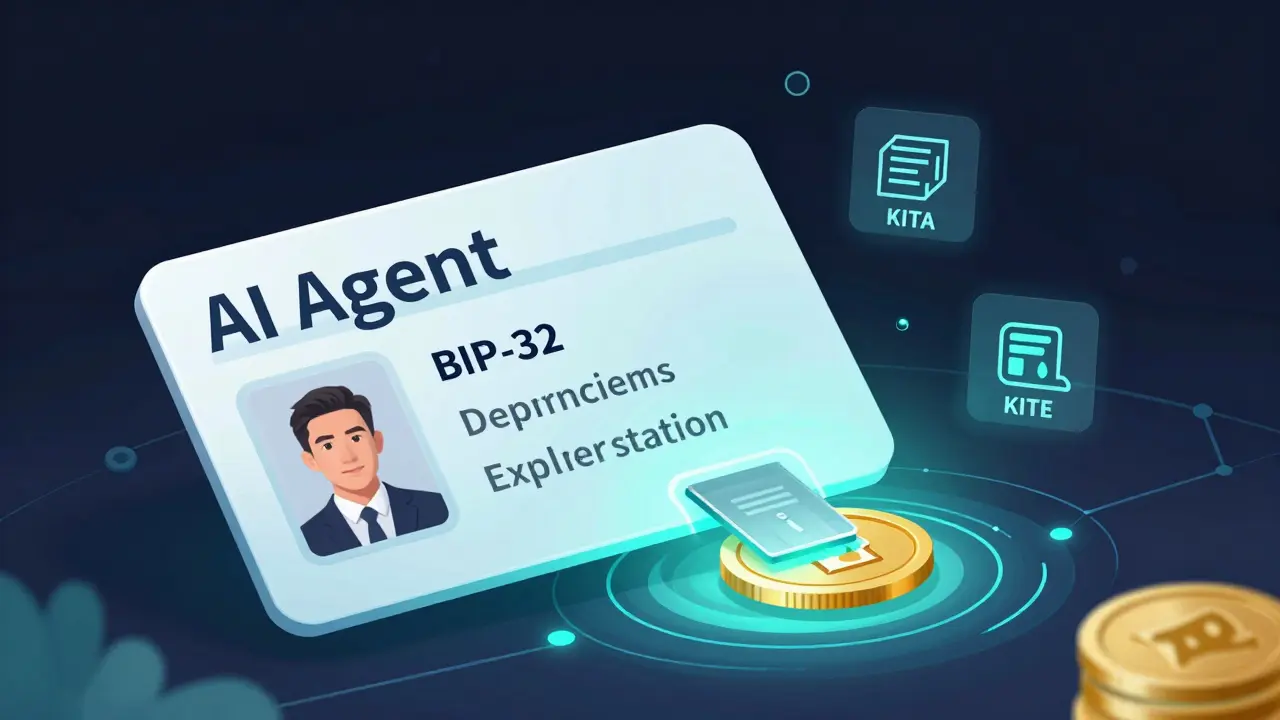 A translucent AI identity card with expiring keys being inserted into a blockchain portal.