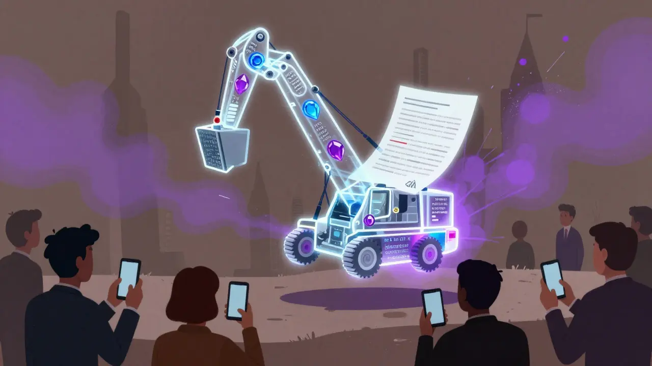 A transparent mining rig made of legal papers and code, with NFTs as gemstones, hovering over a curious crowd.