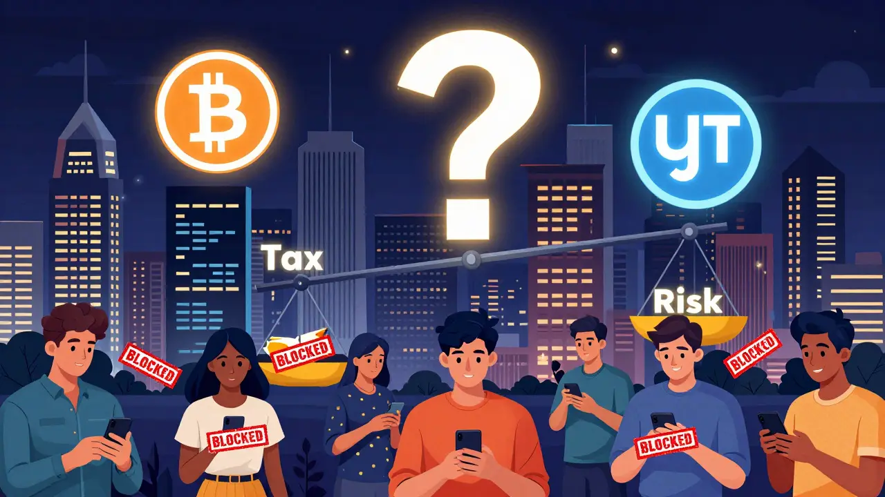 A vibrant Indian city with floating crypto symbols above, while bank accounts are blocked below in stylized illustration.