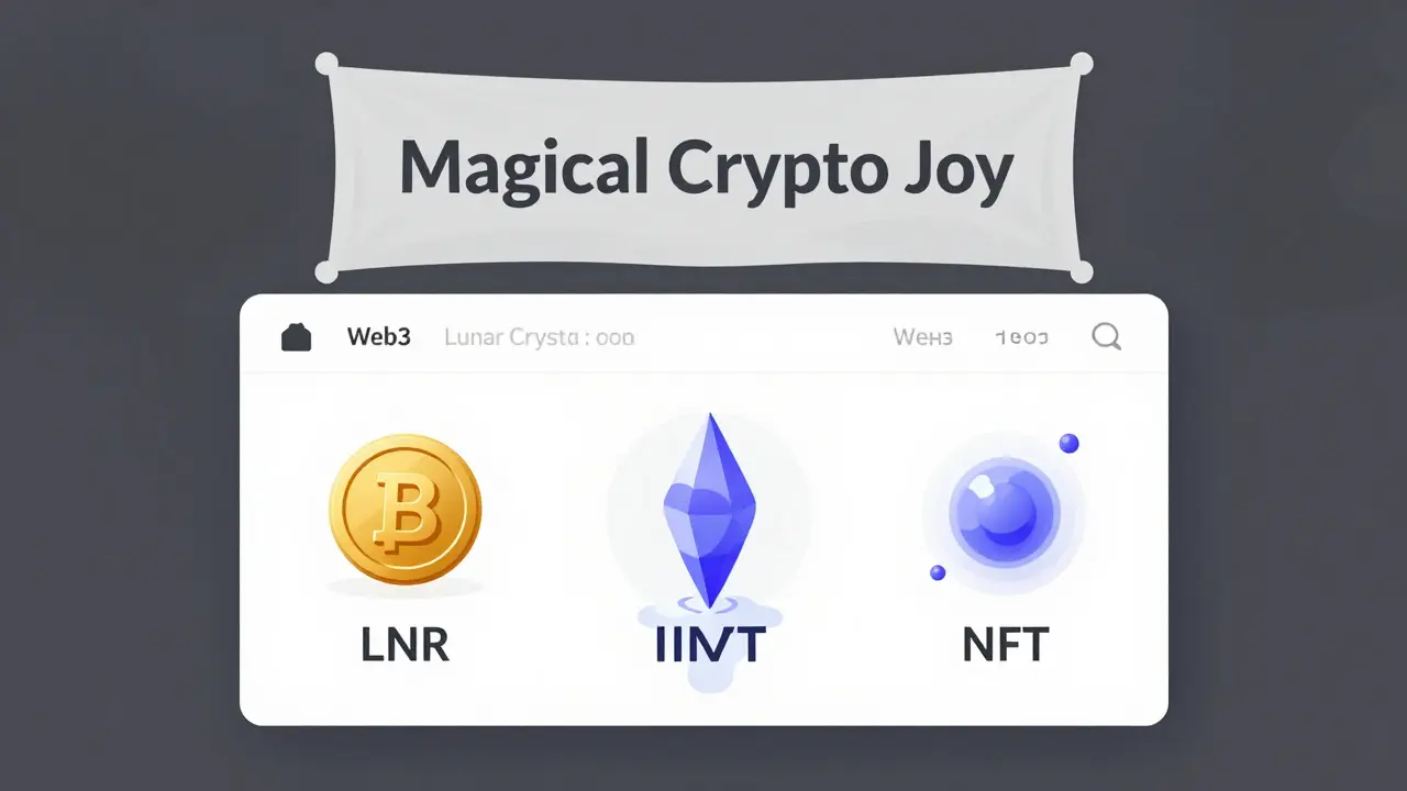 A Web3 dashboard shows tokens dissolving into smoke as a vague 'Magical Crypto Joy' banner appears.