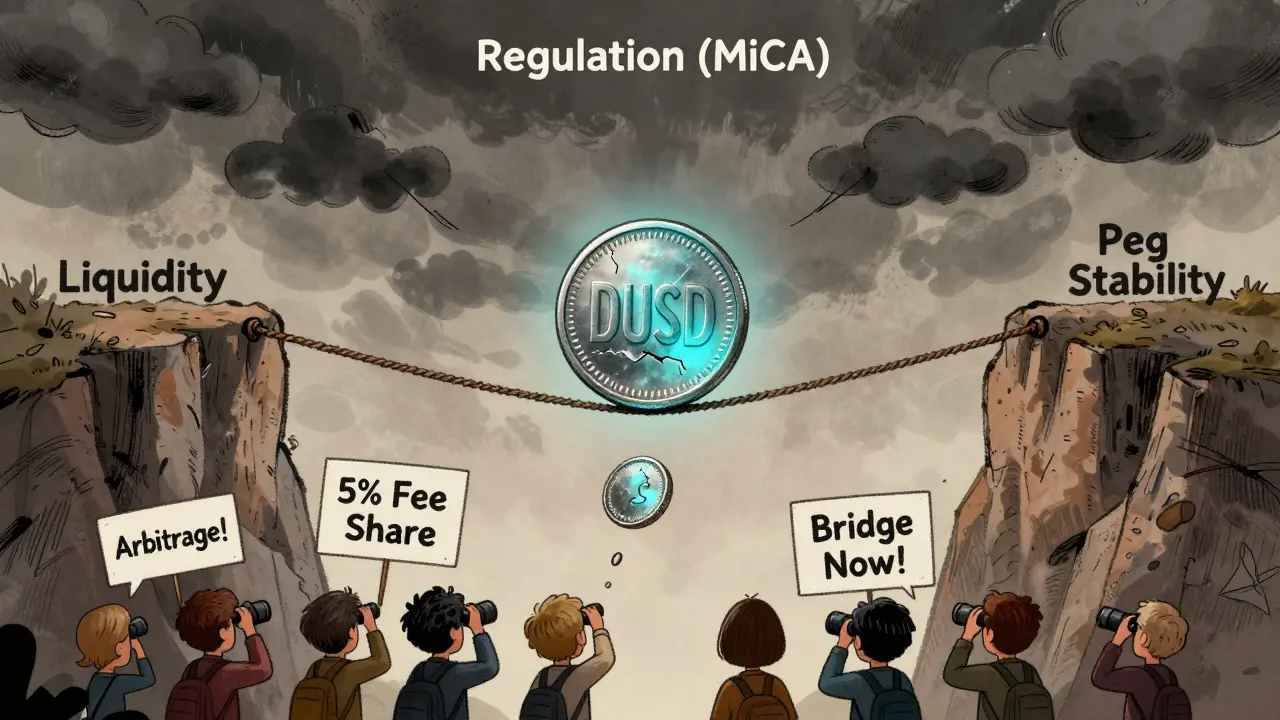 A wobbly DUSD coin on a tightrope between liquidity and stability, with regulators looming above and DeFi users watching below.