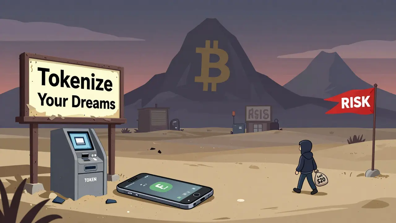Abandoned crypto-themed ghost town with a lone figure walking away, TOKEN app icon faded in the sand.