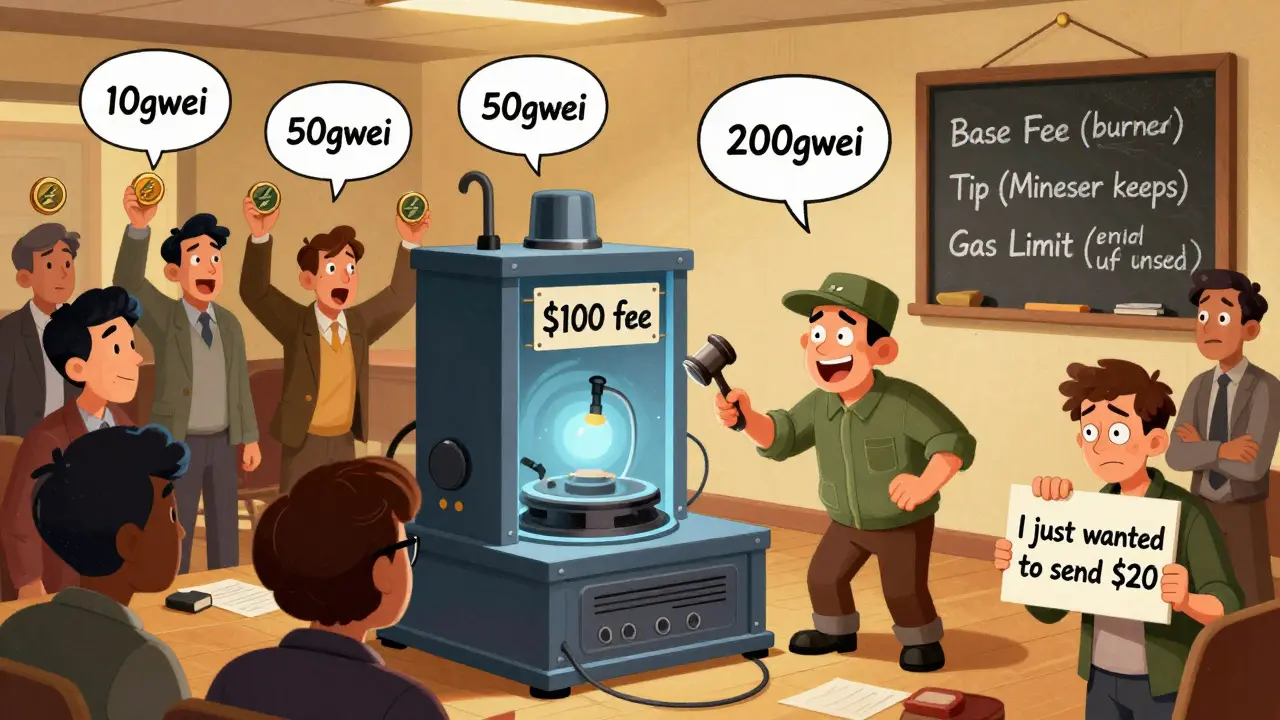 An auction scene with users bidding ETH for gas, a giant NFT machine, and a tired user overwhelmed by fees.