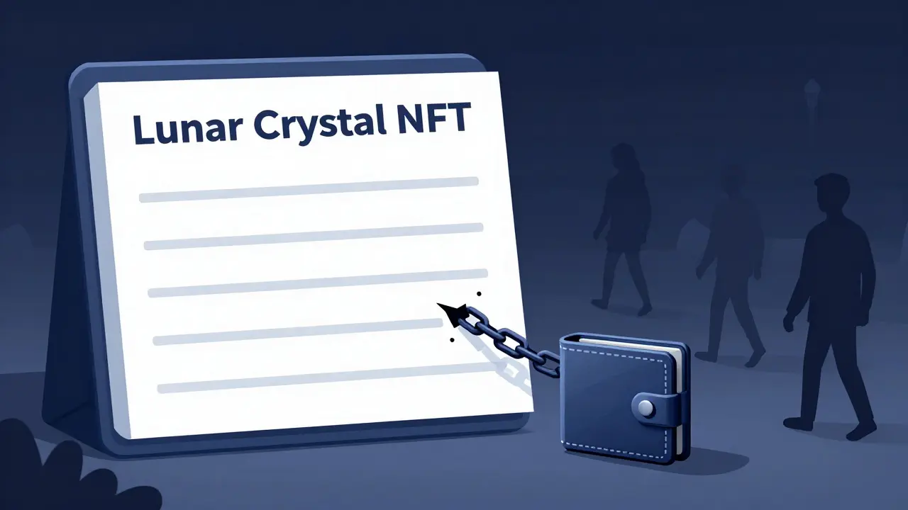 An empty blockchain ledger stands before a lone wallet, with figures walking away as the promise vanishes.