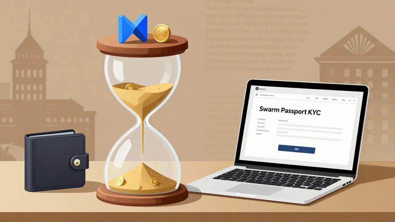 An hourglass filled with SMT tokens draining slowly over 100 years, beside a crypto wallet and KYC screen.
