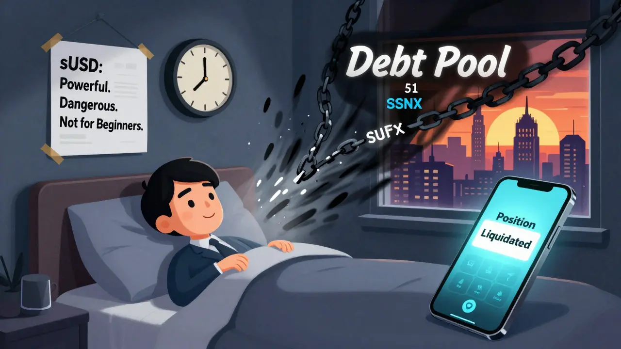 An investor wakes up to a liquidation storm as their SNX collateral collapses, with debt chains pulling assets into a vortex.