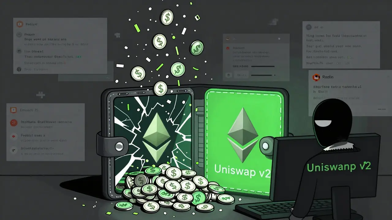 An overflowing Ethereum wallet spilling trillions of CHAN tokens, watched by a masked figure.