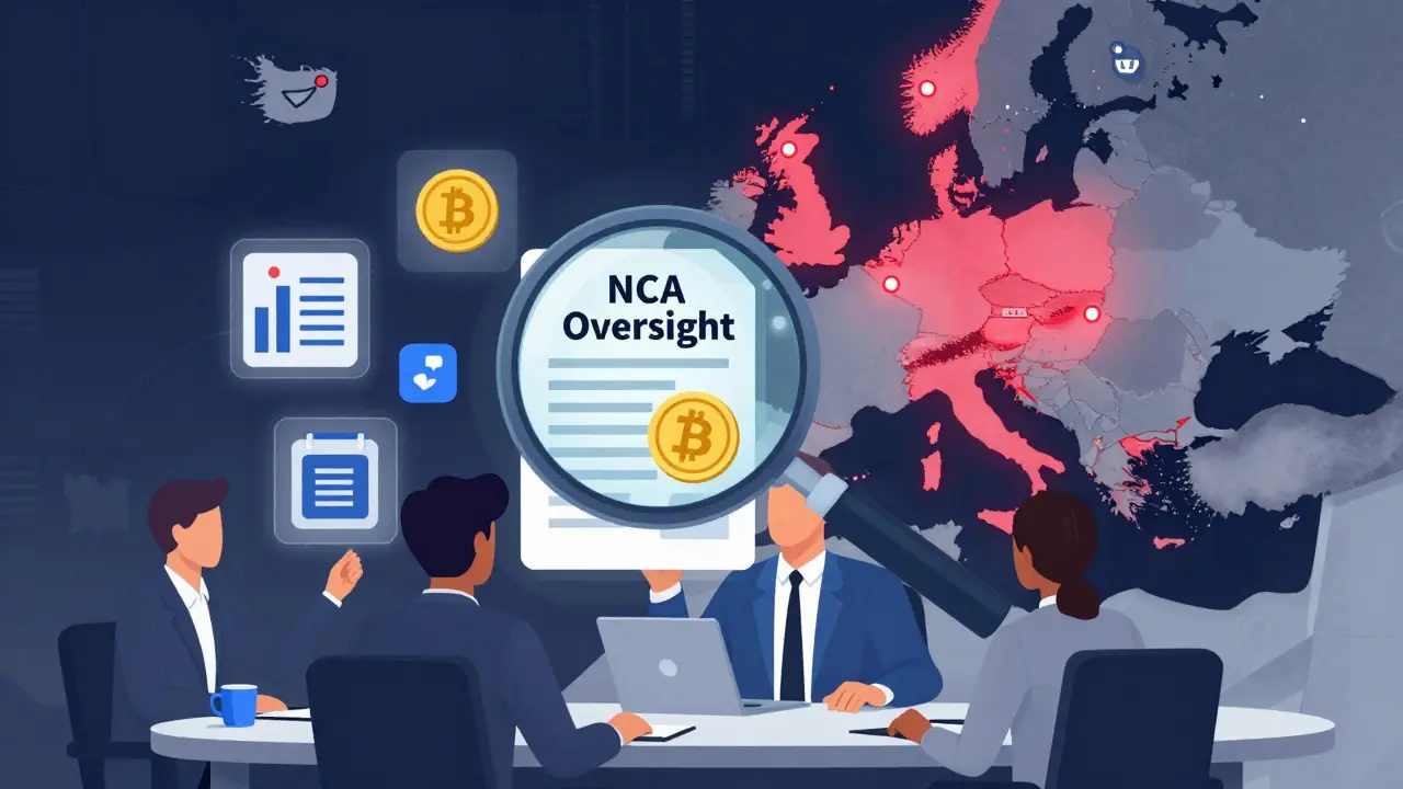 Compliance team under NCA oversight with floating crypto audit icons and European license map.