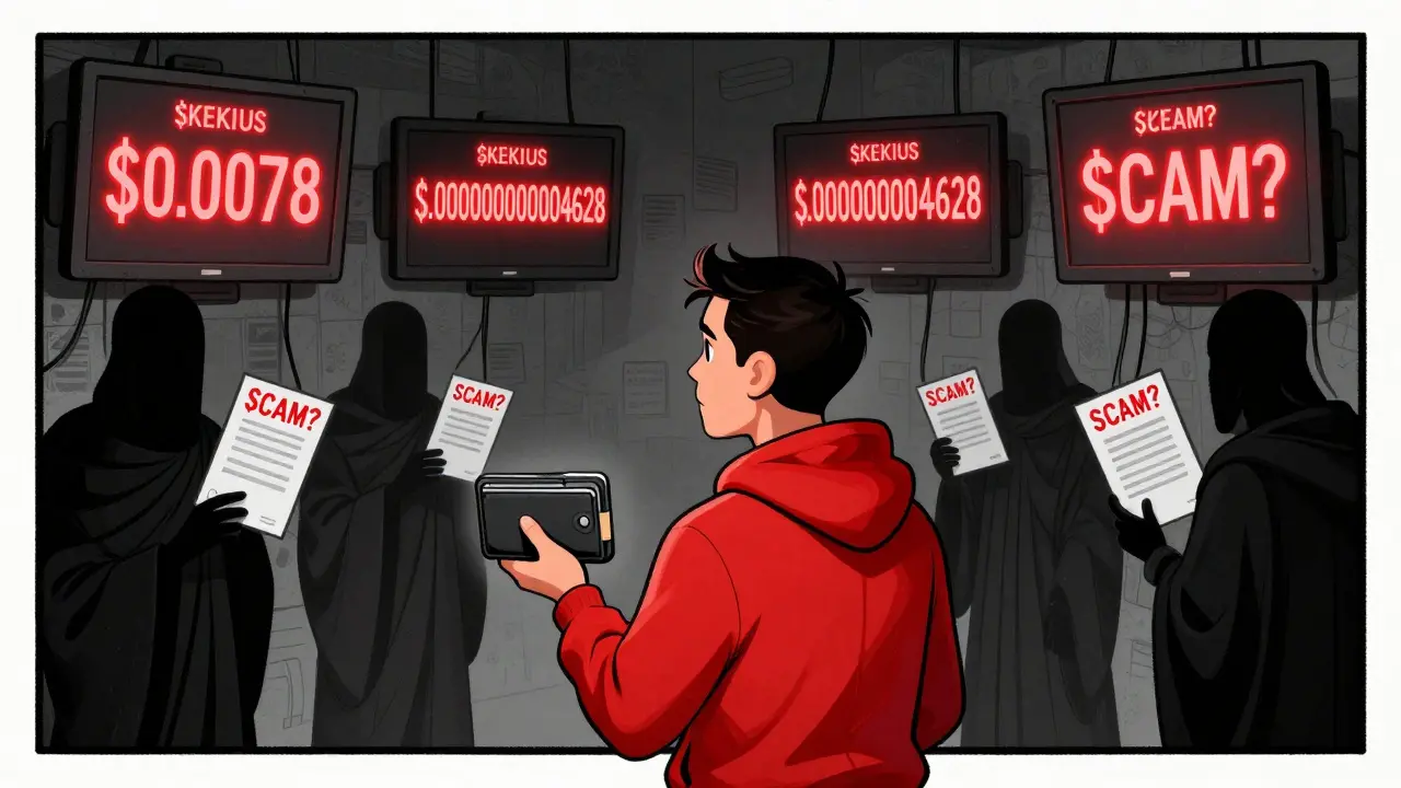 Confused investor surrounded by conflicting $KEKIUS prices on glowing screens, shadowy figures offering fake addresses.
