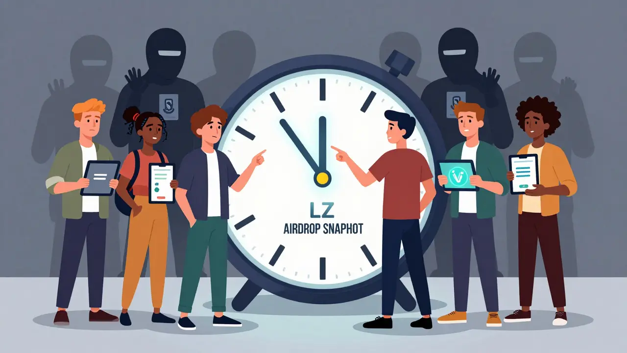 Crypto users gathered around a blank countdown clock for an airdrop, with scammer shadows nearby.