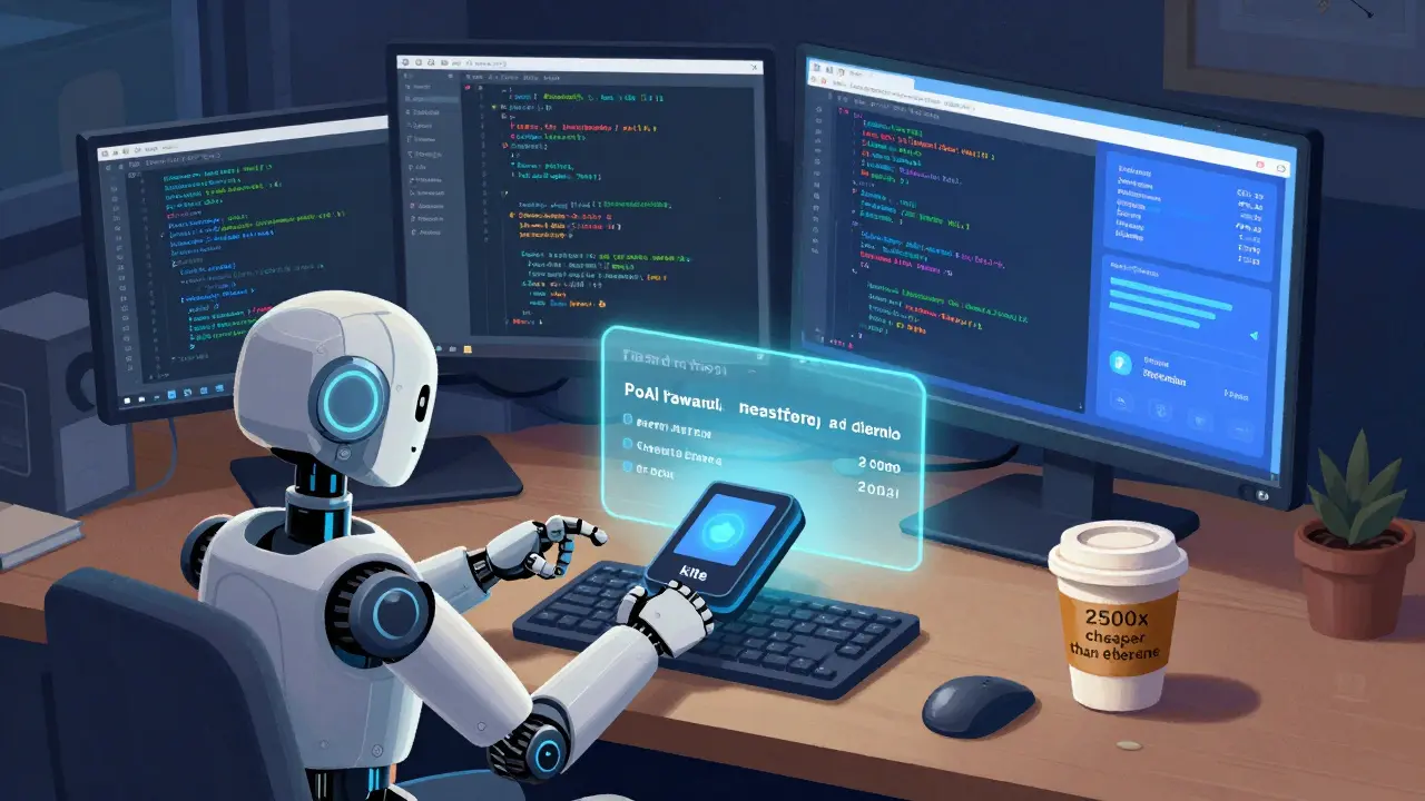 Developer's desk with autonomous robot paying for API calls using Kite Blockchain terminal.