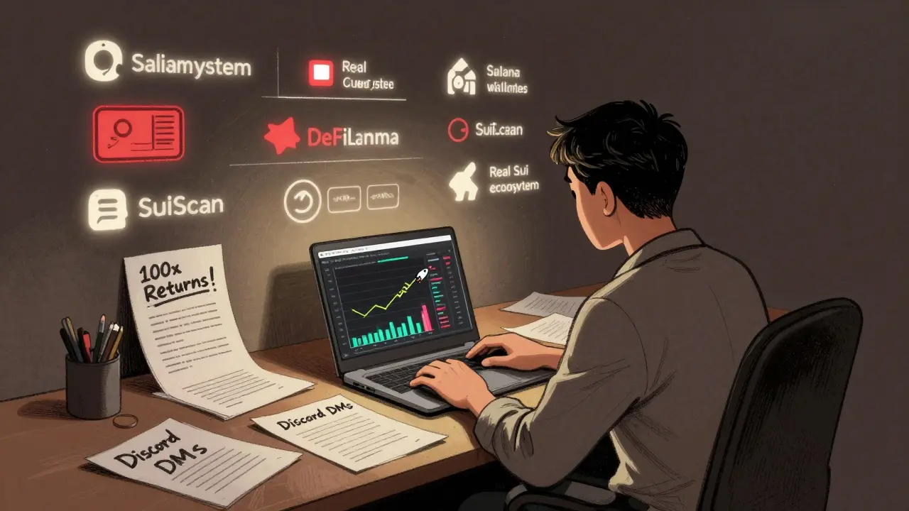 Investor surrounded by scam papers, real Sui tools glowing like beacons behind them in a dark room.