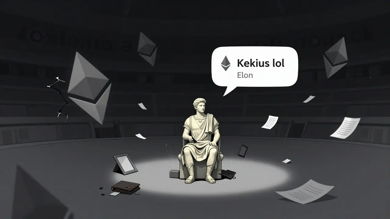 Lonely Kekius Maximus statue in an empty digital arena, fading blockchain logos and a single tweet floating above.