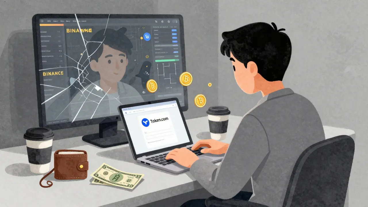 Micro-influencer at a desk surrounded by tiny worthless TOKEN coins, looking at a dim laptop screen.