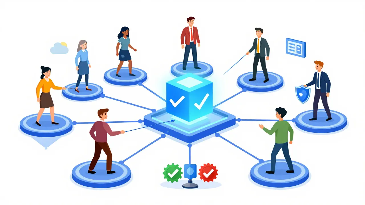Multiple nodes gather data from various sources and send verified information to a blockchain contract.