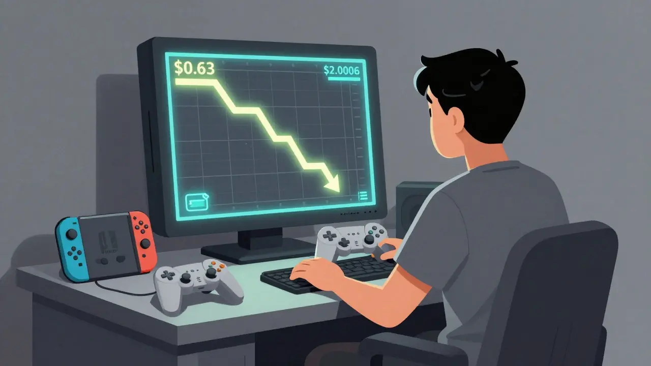 Player staring at a crashing ROND price chart beside gaming consoles, conveying disappointment.