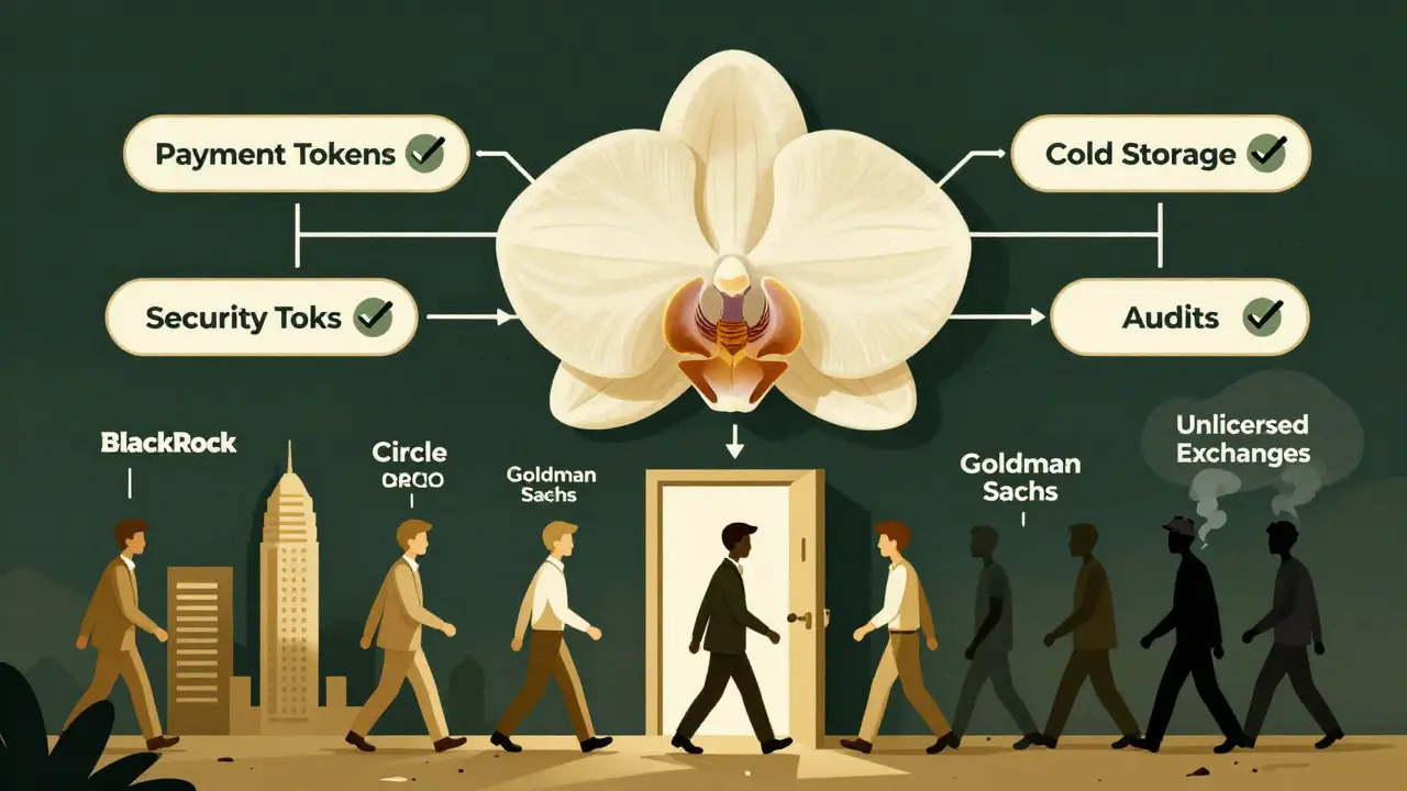 Regulatory flowchart shaped like an orchid guiding major financial firms through MAS-approved pathways.