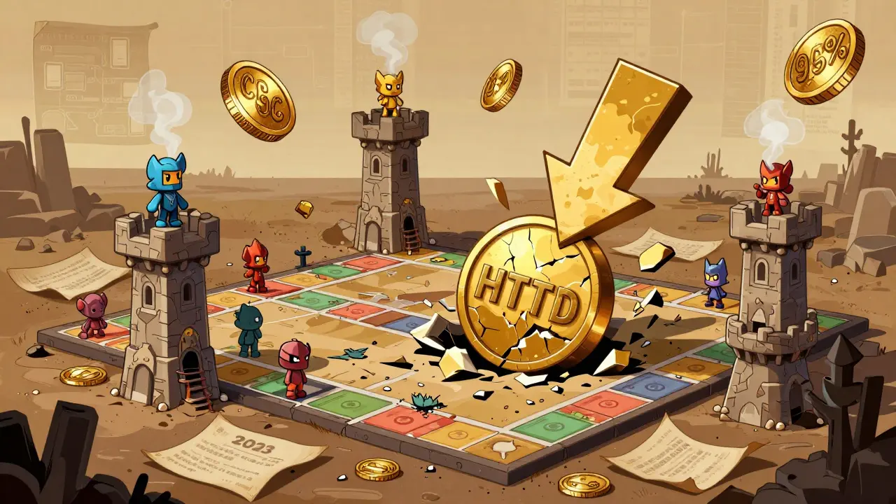 Shattered HTD token in crumbling HeroesTD game world, CGC coins dissolving.