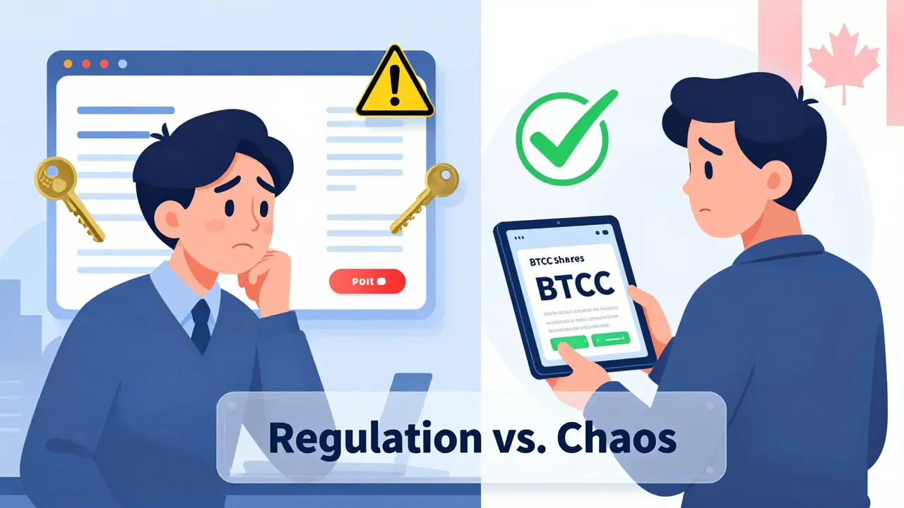 Side-by-side comparison: chaotic crypto wallet vs. simple brokerage app for buying Bitcoin ETFs.