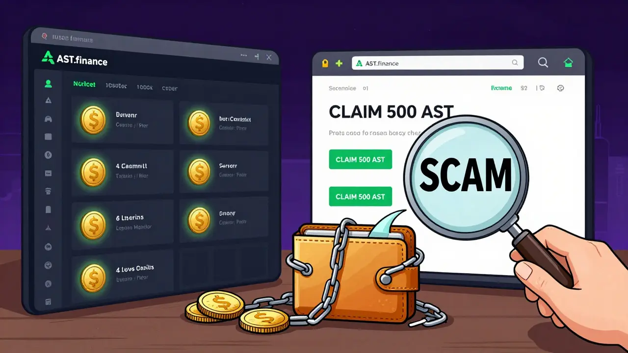Side-by-side comparison of a legitimate AST.finance staking dashboard and a phishing scam site.