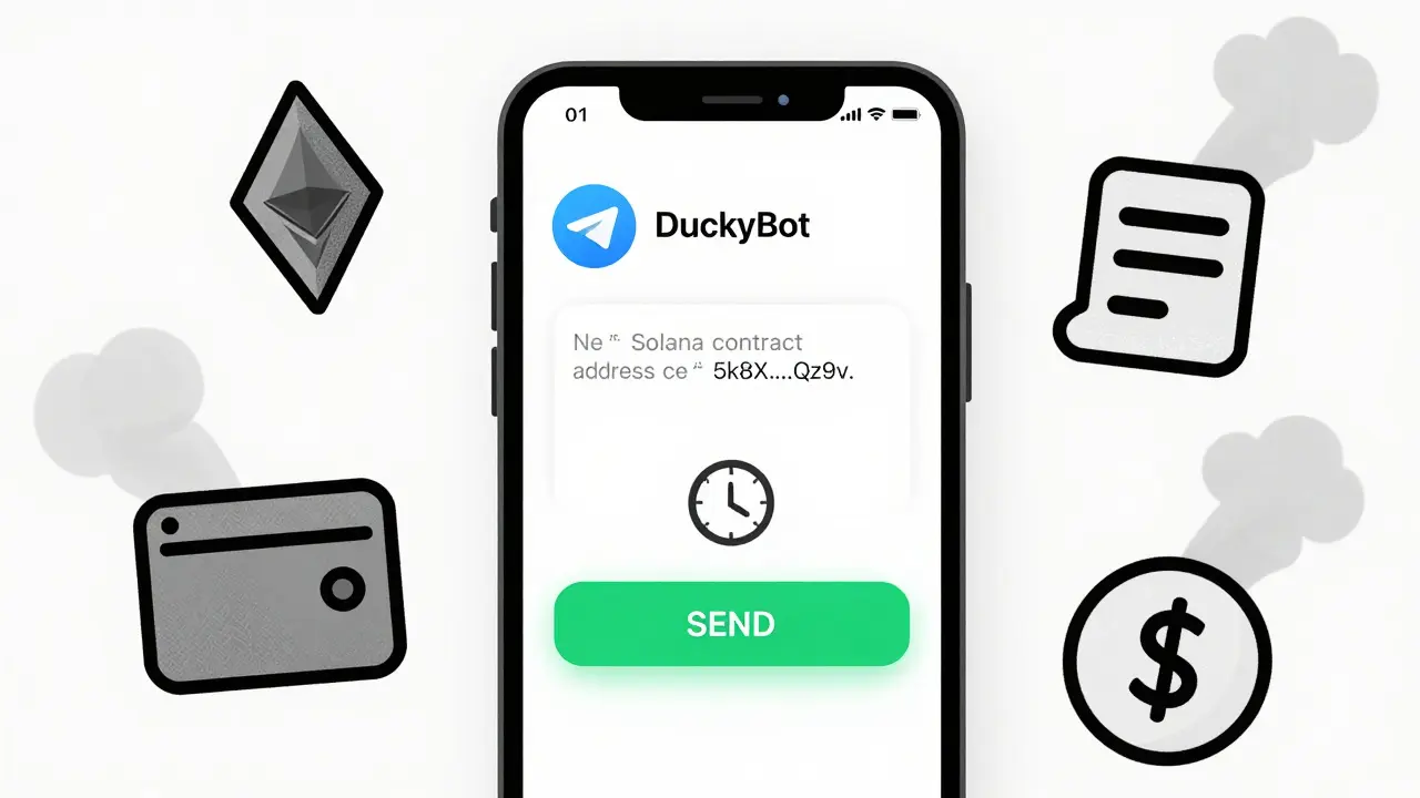Smartphone screen showing Telegram DuckyBot with address pasted and 8-second timer, no wallet needed.