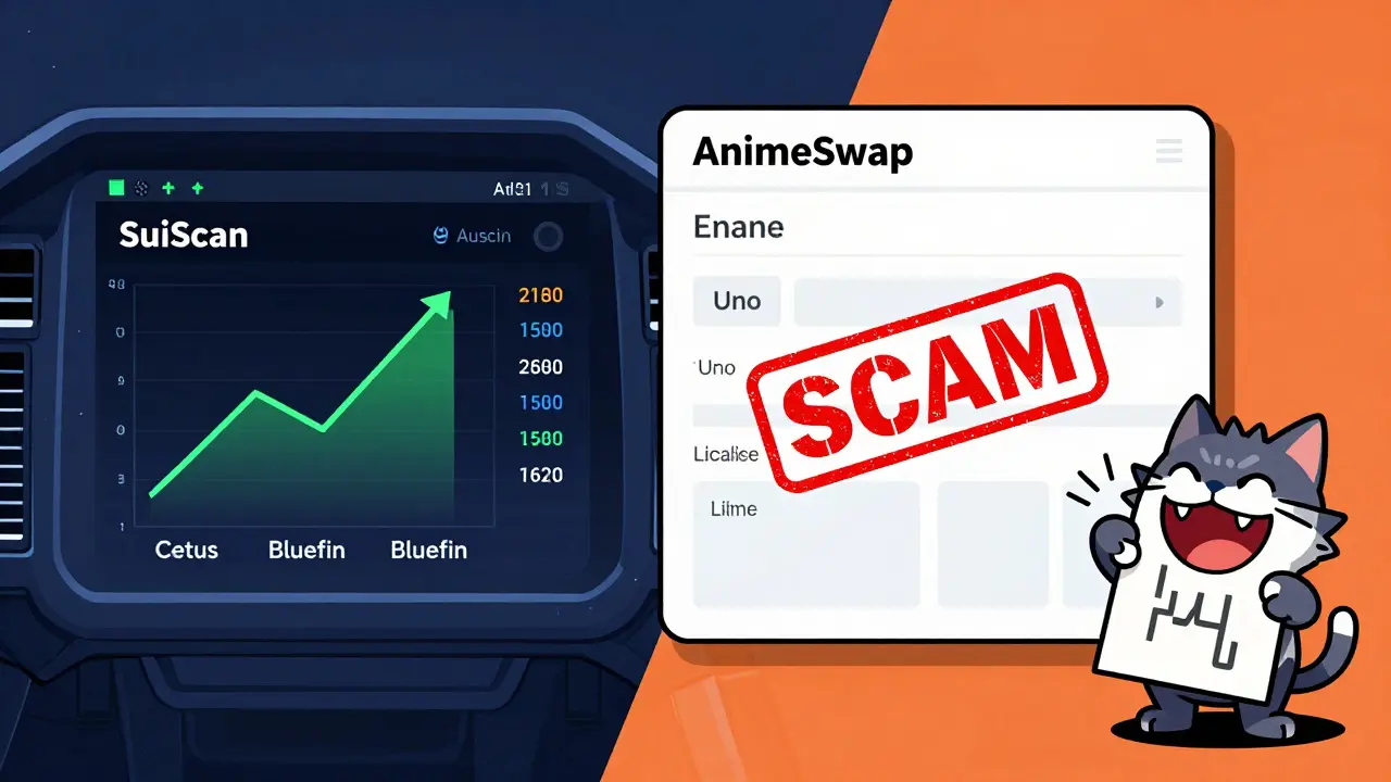 Split screen: real Sui DEX data on left, glitchy fake AnimeSwap contract on right with a troll laughing.