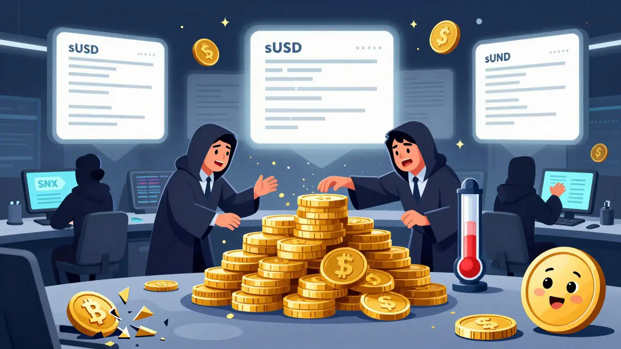 Traders swap sUSD for synthetic assets like sBTC and sGold on a futuristic DeFi trading floor with floating smart contracts.