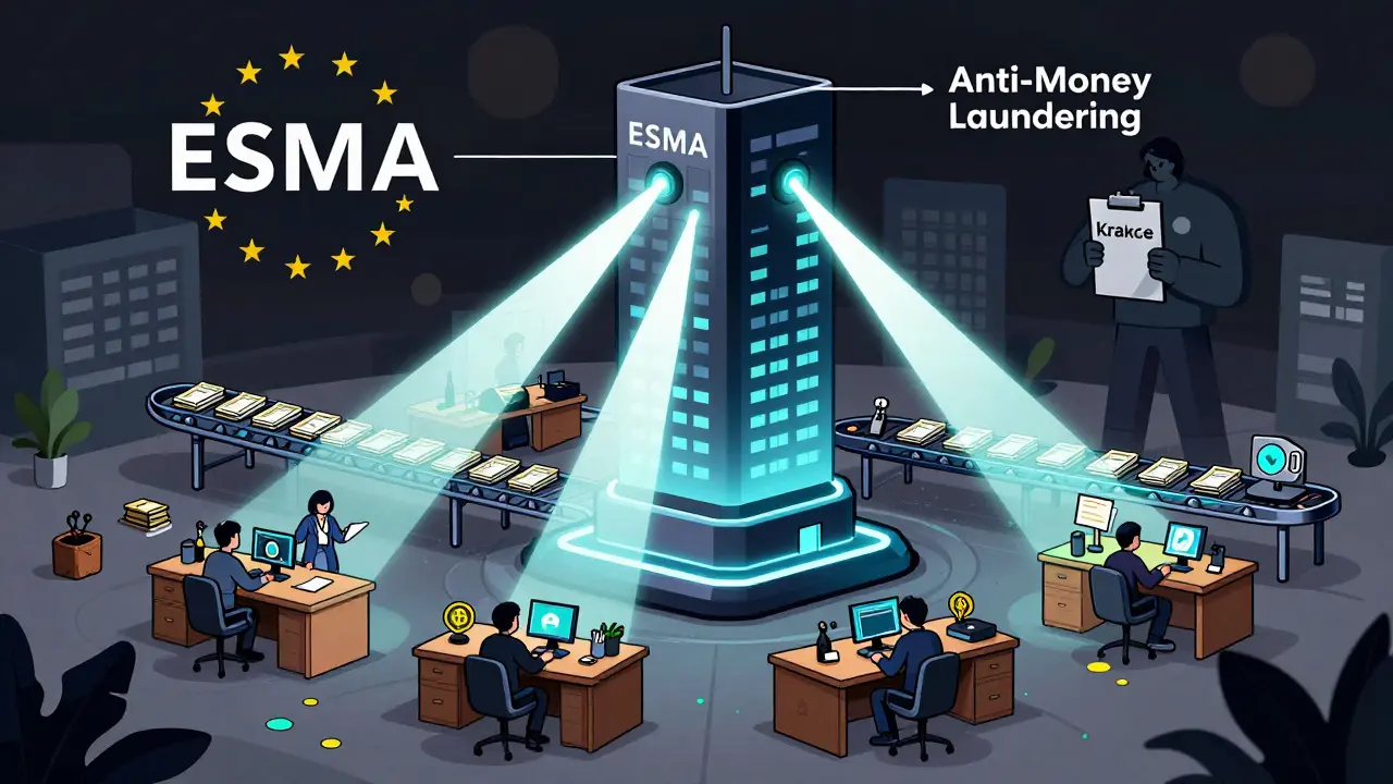 Two-tier EU crypto regulation: local NCAs below, ESMA and AMLA above in editorial cartoon style.