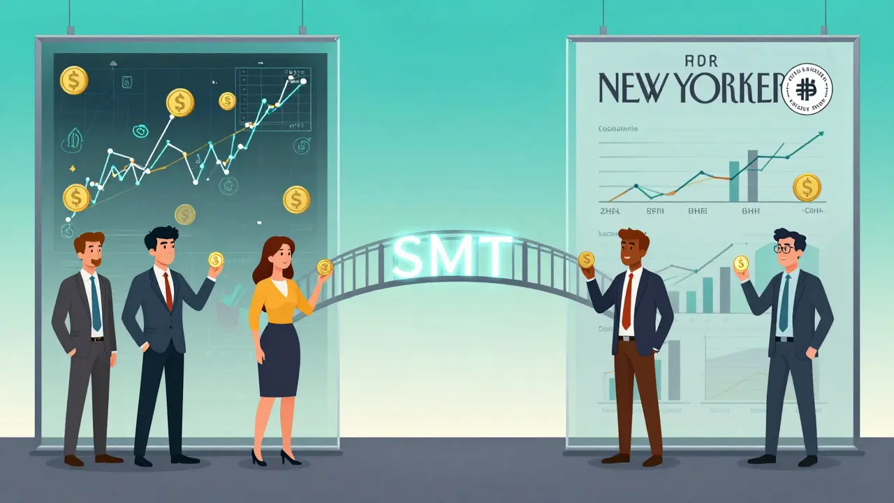 Users on opposing sides of a glass wall, connected by a bridge of regulated tokenized assets and SMT.