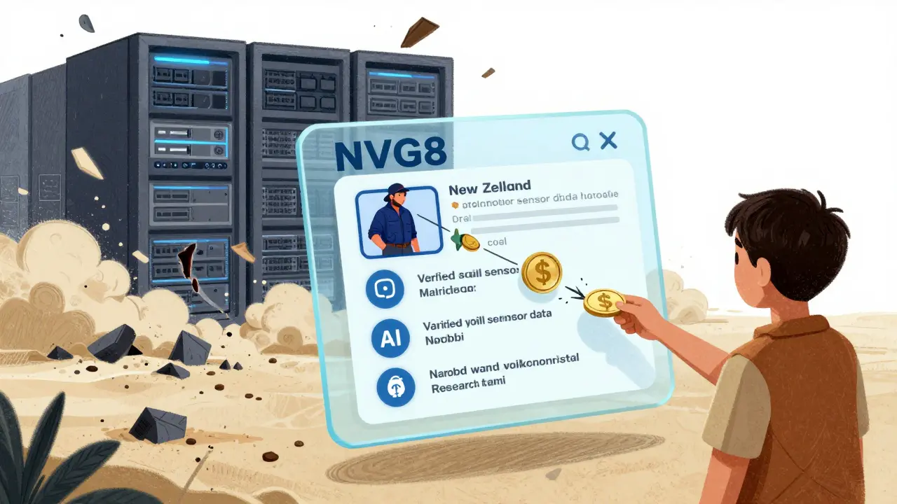 A blockchain ledger releasing NVG8 tokens to a farmer and student as their verified data is bought by an AI team, while corporate servers crumble.