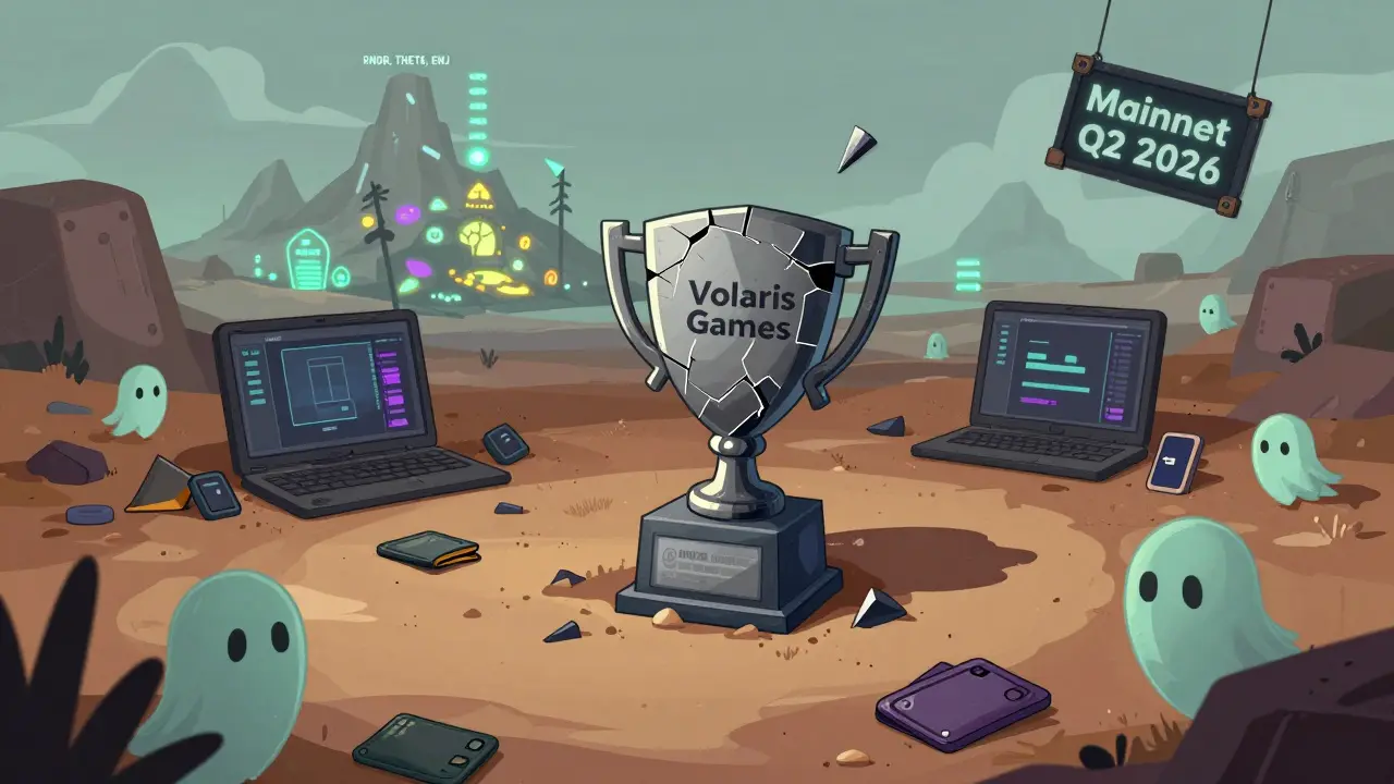 A broken Volaris trophy lies in a digital wasteland while major competitors thrive in the distance.