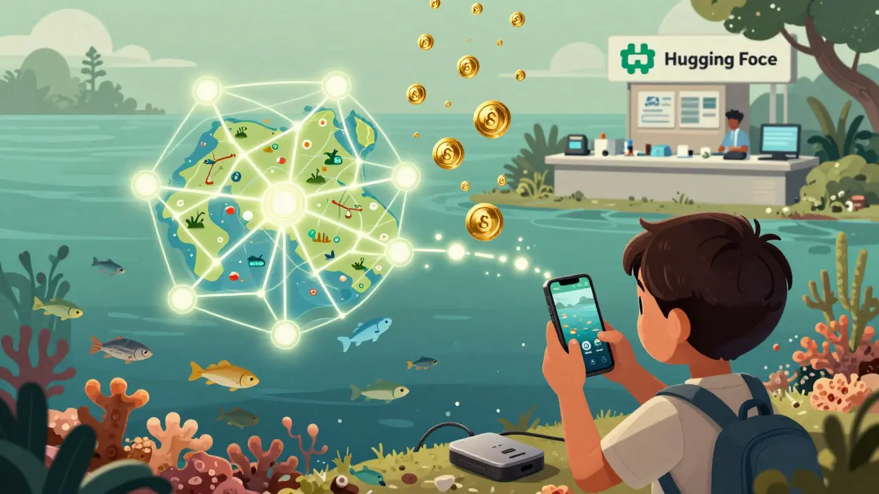 A child in Indonesia uploads fish footage to an edge device, earning NVG8 tokens as an AI map guides sustainable fishing practices.