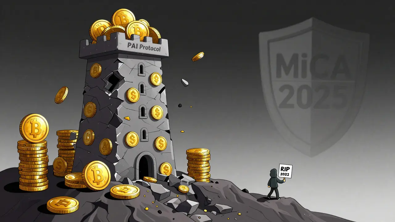 A collapsing PAI tower falling into void as other stablecoins stand strong on a mountain.