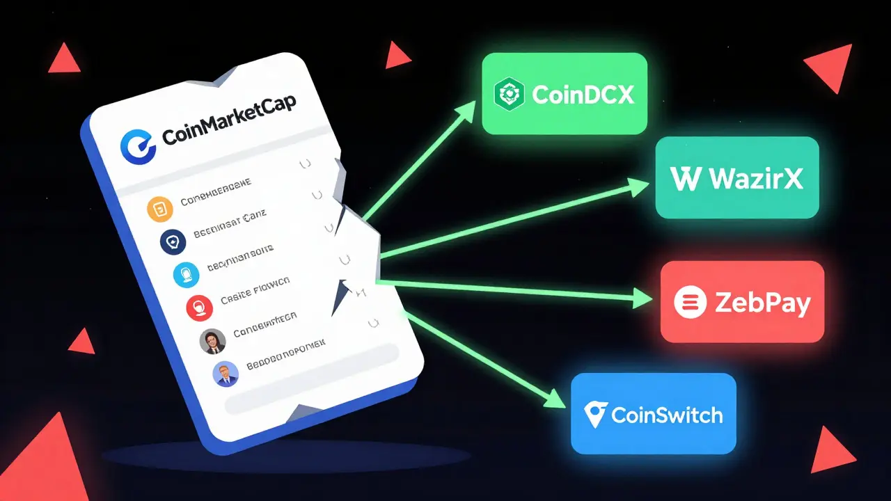 A crumbling CoinMarketCap listing for INRTOKEN vs. four glowing, verified Indian crypto exchanges with security icons and active users.