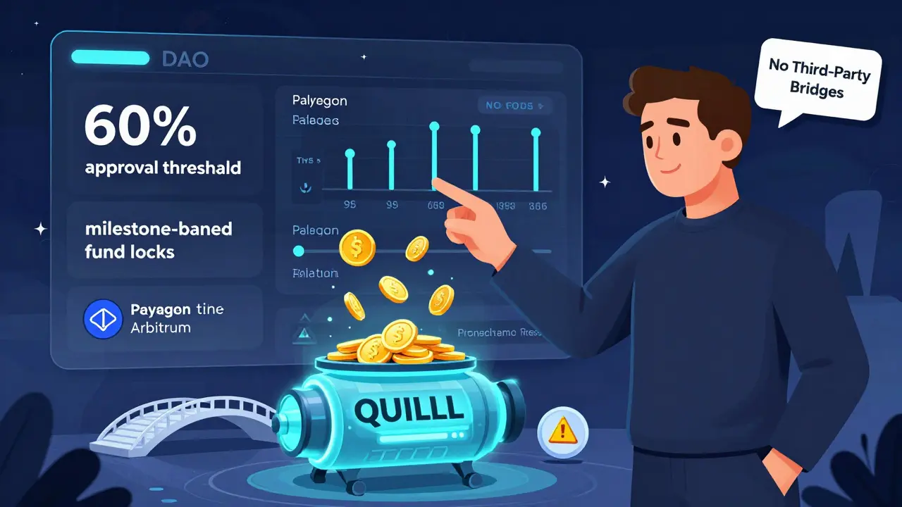 A DAO treasurer using a no-code dashboard to set governance rules with QUILL tokens as fuel.