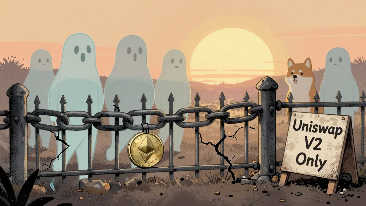 A faded GMFAM token is stuck in a crumbling Ethereum chainlink fence as other meme coins walk away into the distance.