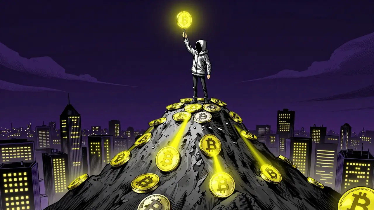 A figure holding a BONE token atop a pile of SHIB coins, lighting up a DeFi city below.