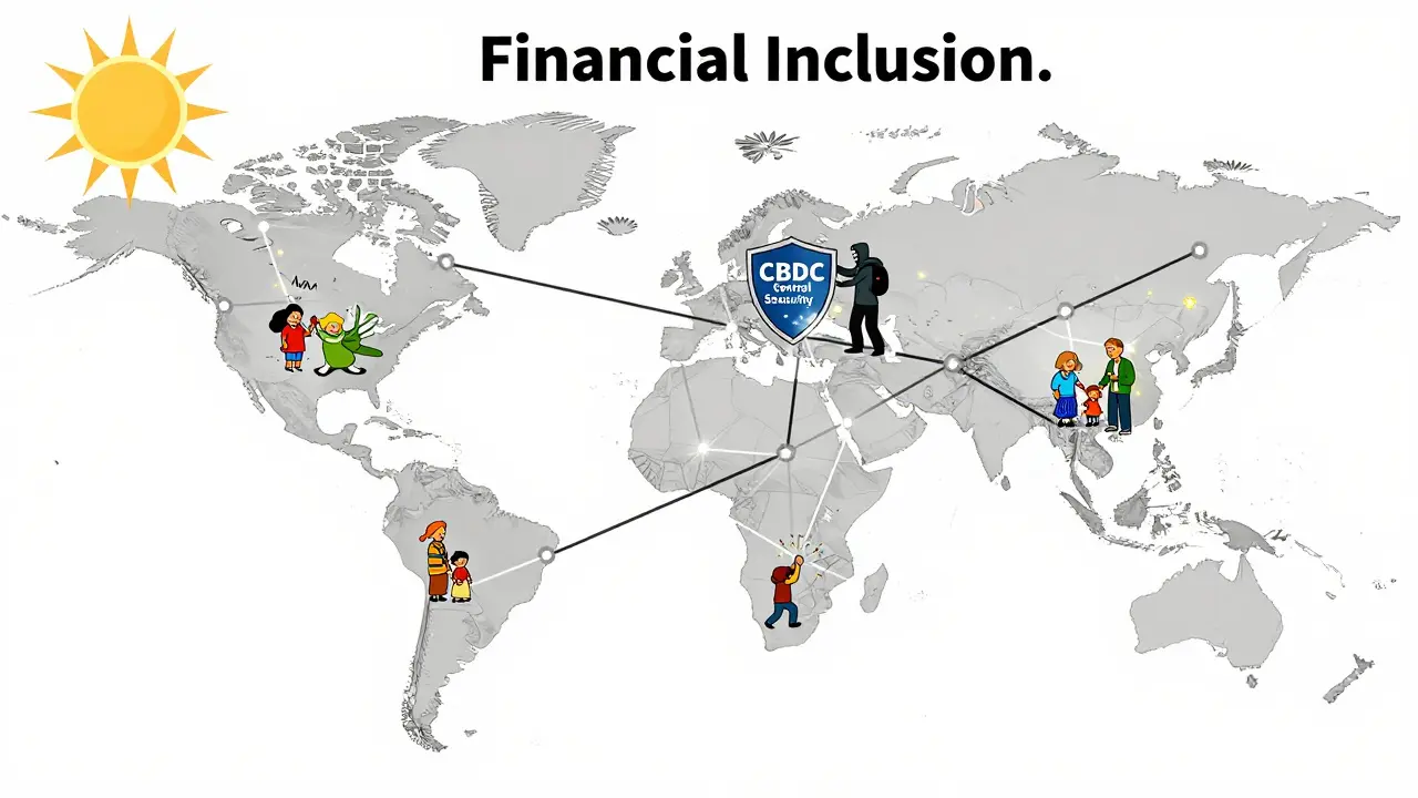 A global grid of stable CBDC connections contrasts with flickering crypto nodes, as a hacker is blocked by a security shield.