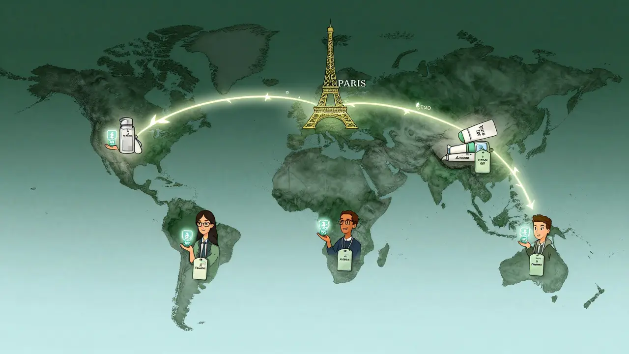 A global map linking luxury brands to consumers via digital product passports with sustainability symbols.