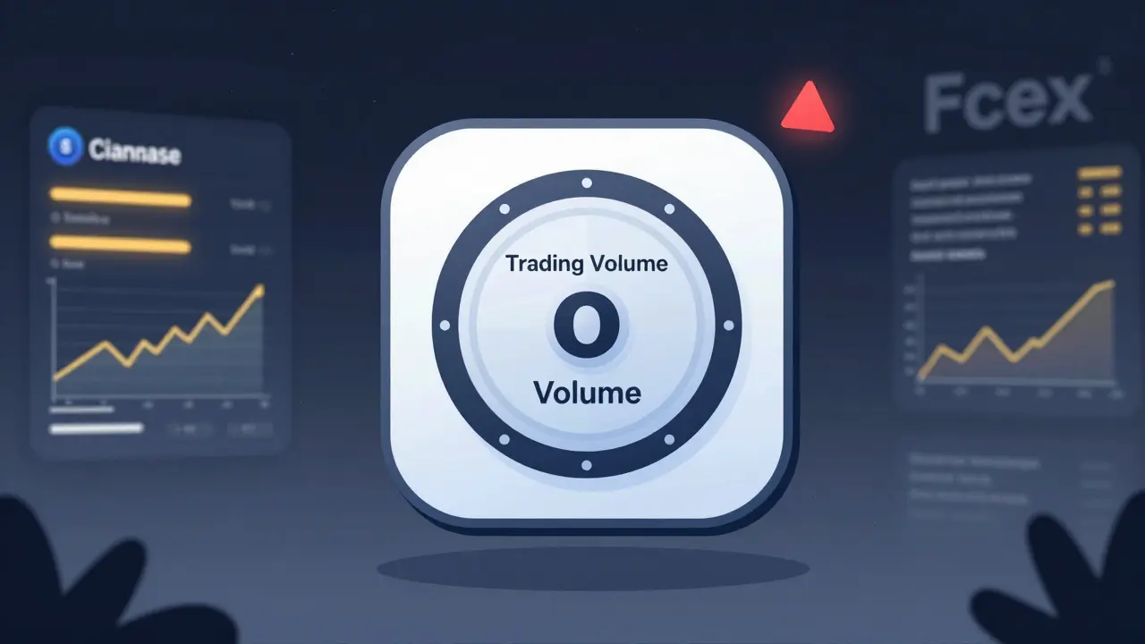 A hollow Fcex app icon floats in darkness with zero trading volume, while legitimate exchanges glow nearby.