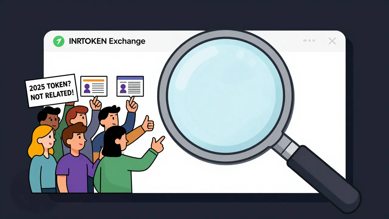 A magnifying glass revealing nothing but a void inside an INRTOKEN Exchange screen, while users point to legitimate alternatives.