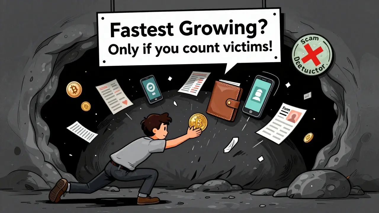 A person deposits crypto into a dark portal labeled Fcex, losing their wallet and documents to the void.