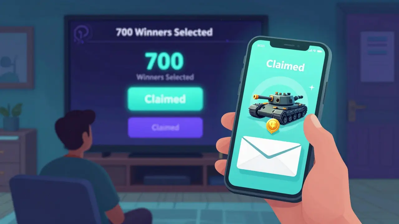 A person receives an email with an Origin Tank NFT on their phone, while a digital scoreboard shows '700 Winners Selected'.