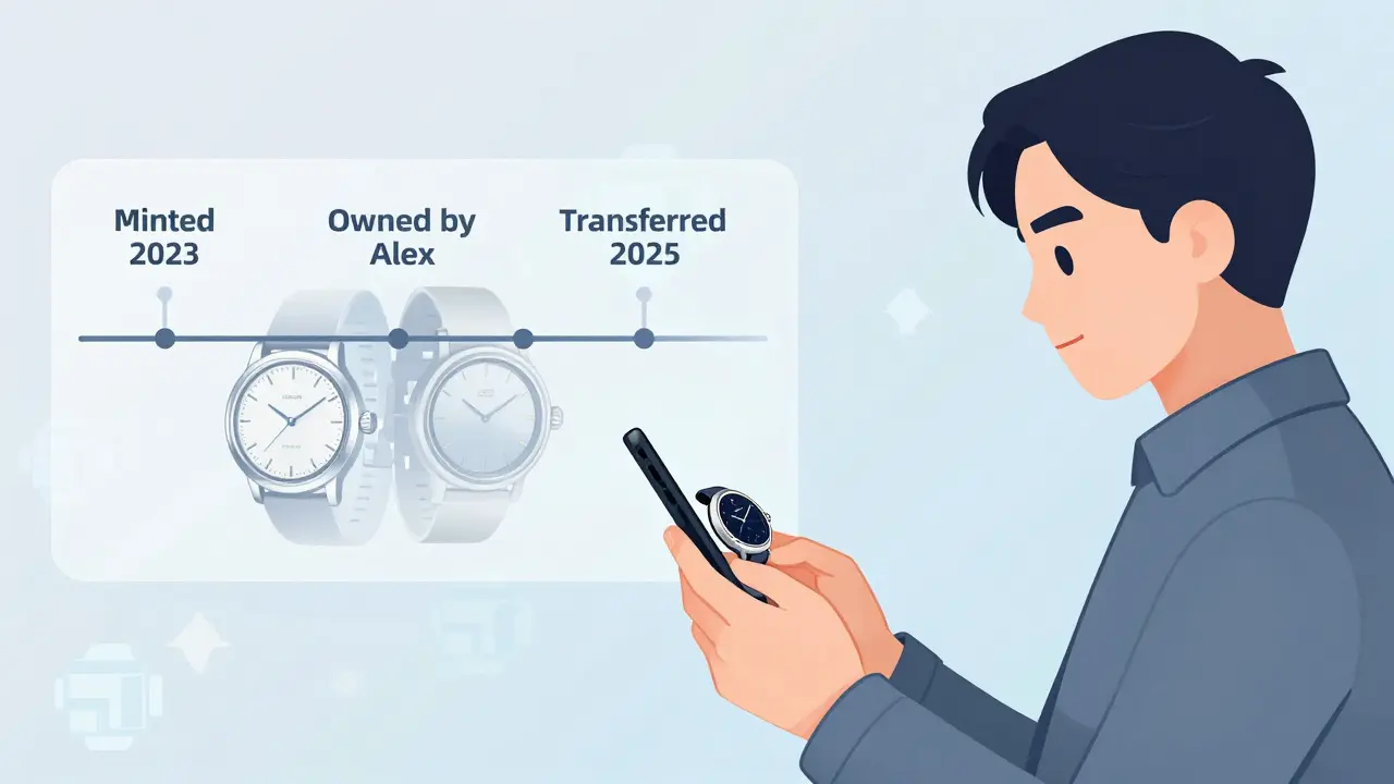 A person scanning a luxury watch to reveal its digital ownership history in mid-air.