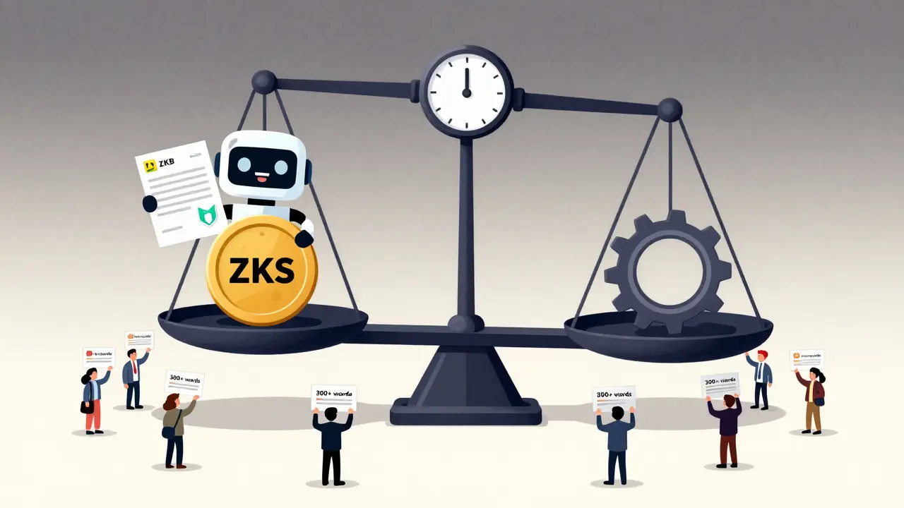 A scale balancing ZKS token against ZKB token, with users holding review cards and a date stamp.