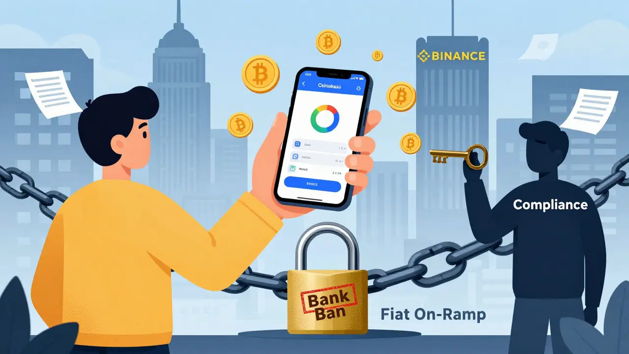 A user accessing DEX while a locked fiat on-ramp chain blocks access, with regulator shadow looming.