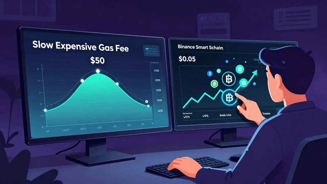 A user comparing high Ethereum gas fees to low BSC fees while using vETH to lend and trade in real time.