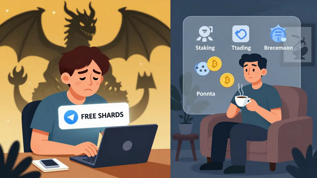 A user falls for a fake SHARDS scam link while another safely claims tokens on Binance, showing contrast between fraud and trust.